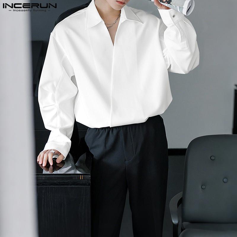 INCERUN Camisas Casuales Holgadas de Manga Larga con Cuello en V para Hombre de Talla Grande con Cruce Delantero