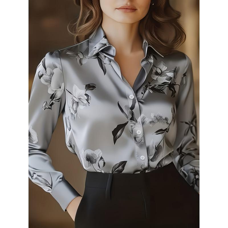 Plus Size Women's Satin Print Long Sleeve Shirt