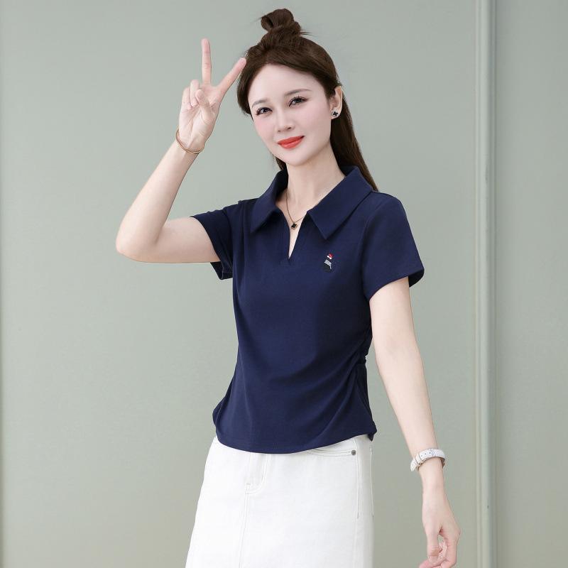 

Exquisite Embroidered Small Lapel Slimming T-shirt Large темно-синий