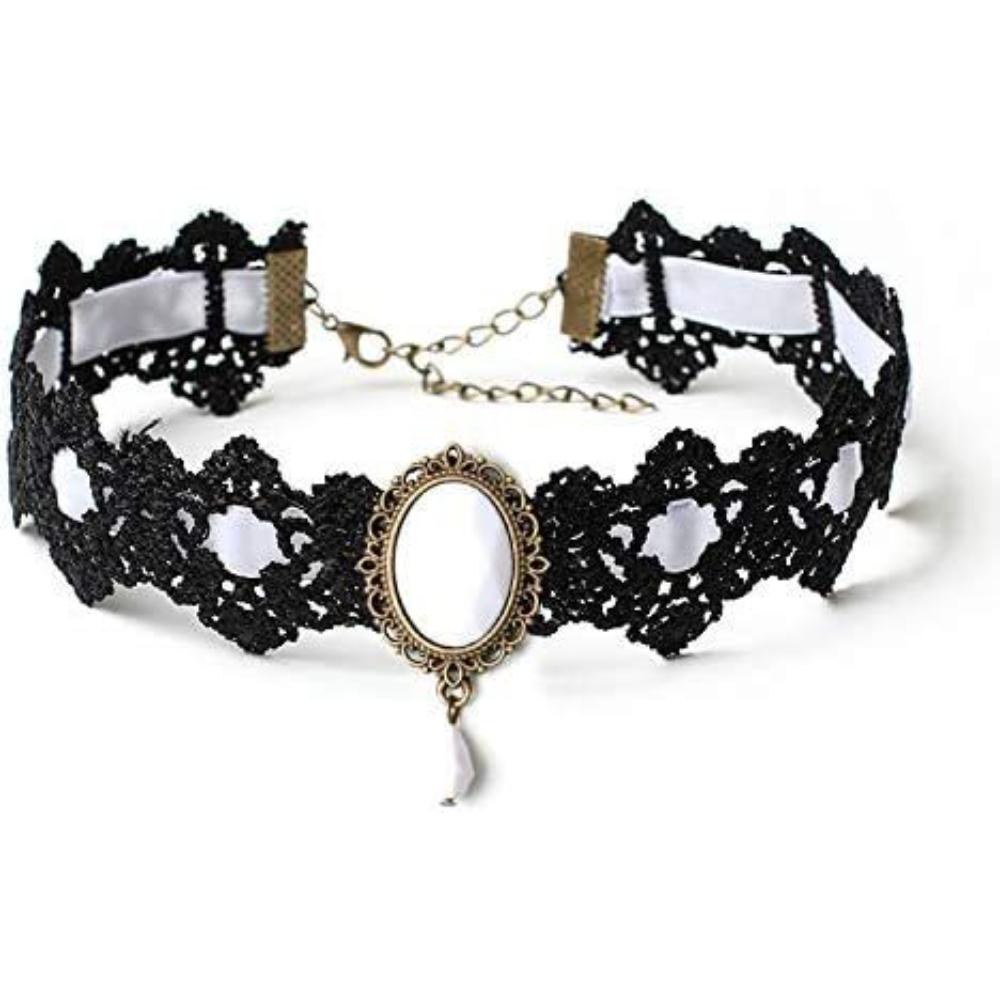 Lace Gothic Choker Necklace with Rhinestones - Victorian Style Collar Jewelry