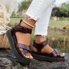 Summer New Thick-soled One-character Cross-belt Solid Color Buckle Belt Large Size Hollow Roman Sandals