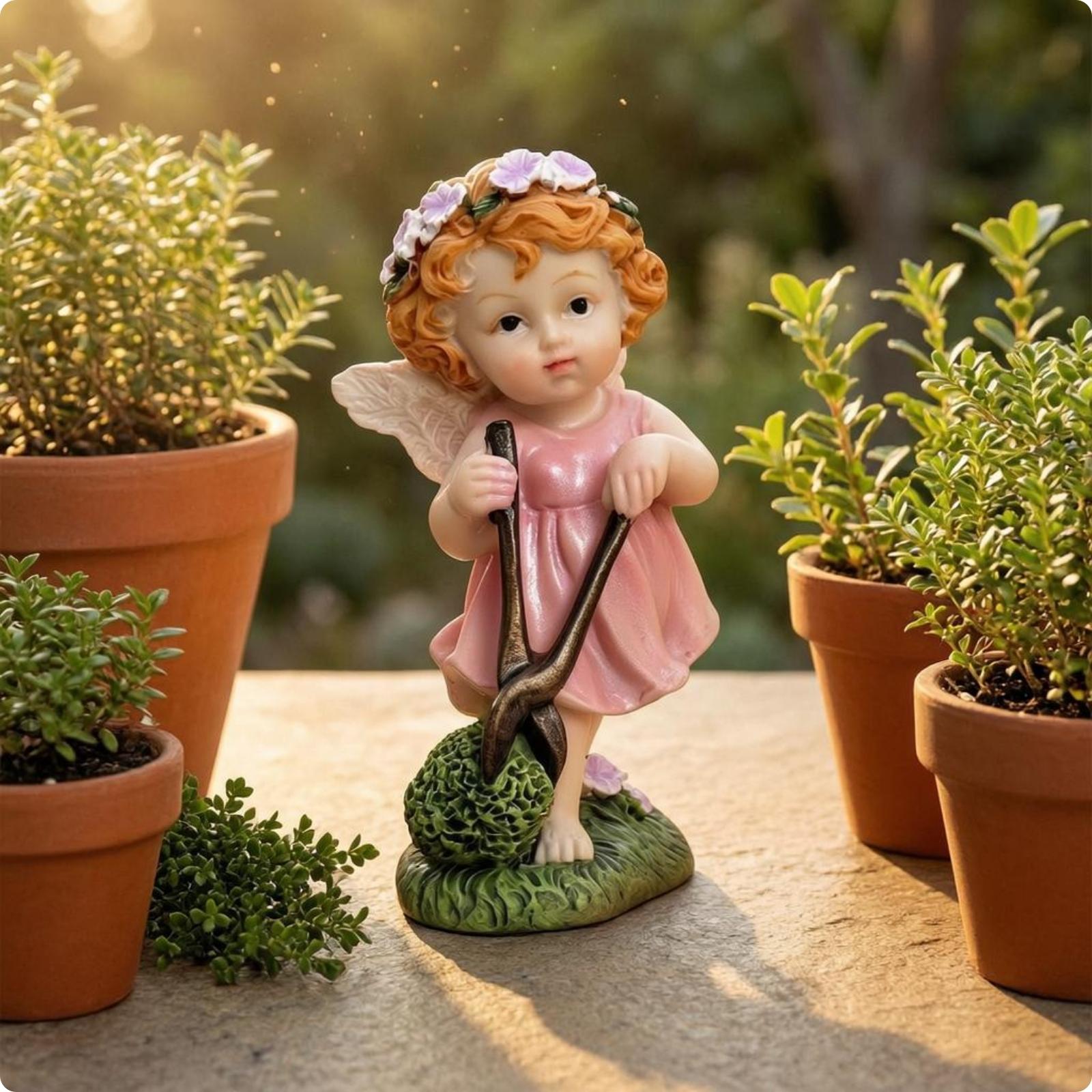Garden Cherub Figurine Floral Wreath Resin Cherub Figurine Outdoor Decor Collectible Gift Idea for Patio, Miniature Landscape