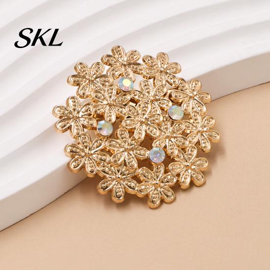 Decorative Brooch Accessory Flower Embellished Pin with Rhinestones, Floral Shape Badge Strong Buckle, Lapel for Coats Shirts Bags Metal