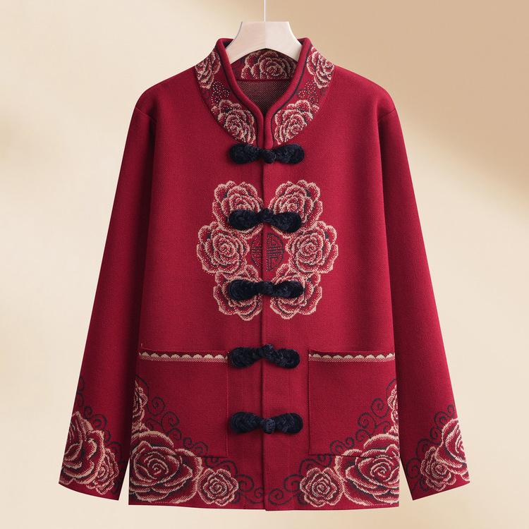 Middle-aged and Elderly Female Grandmother In Spring Coat Old Lady Autumn and Winter Zodiac Year Mother Wears Red Sweater Plus Velvet Thickened