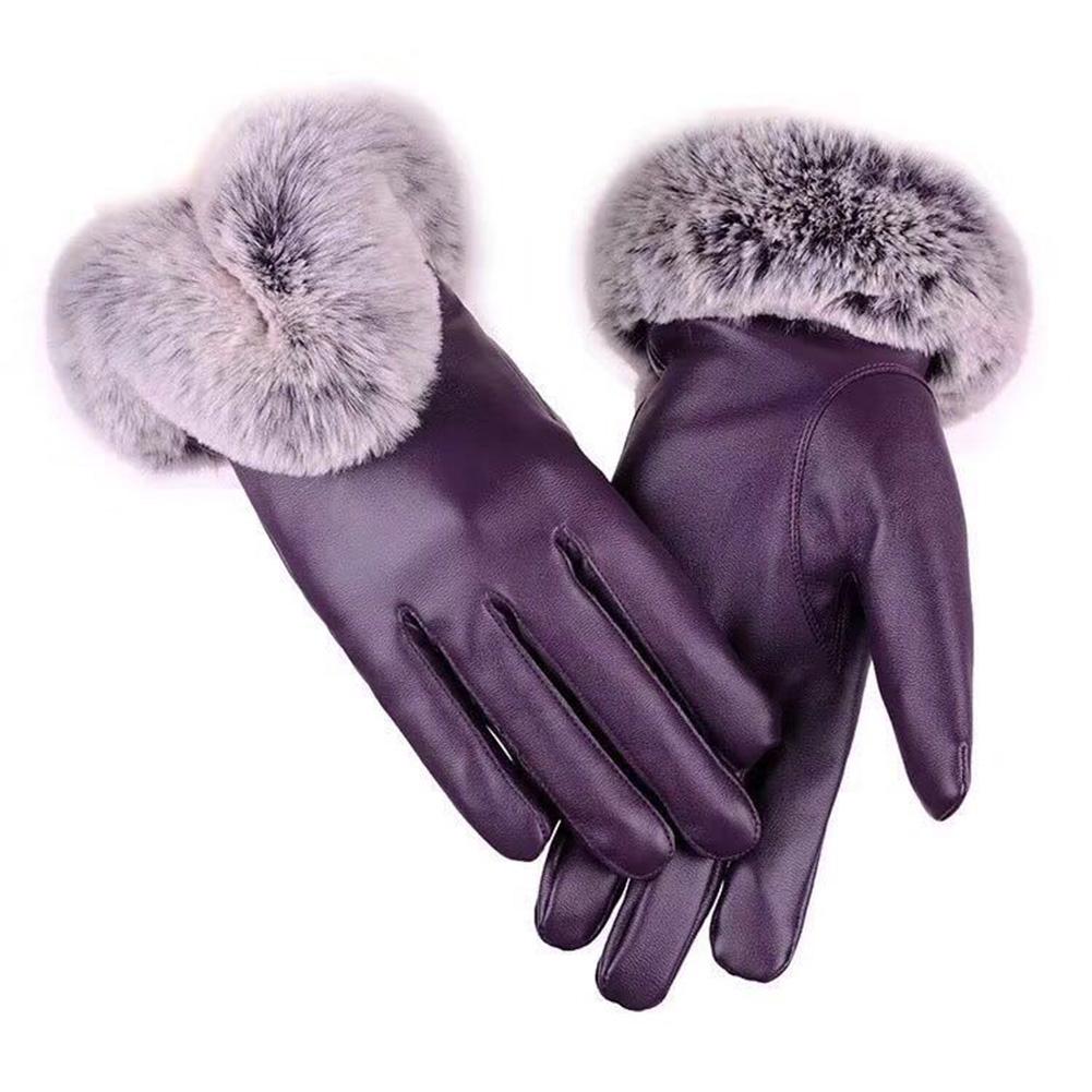 Women Winter Gloves Faux Rabbit Fur PU Leather Touch Screen Mittens Lady Female Outdoor Driving Warm Gloves