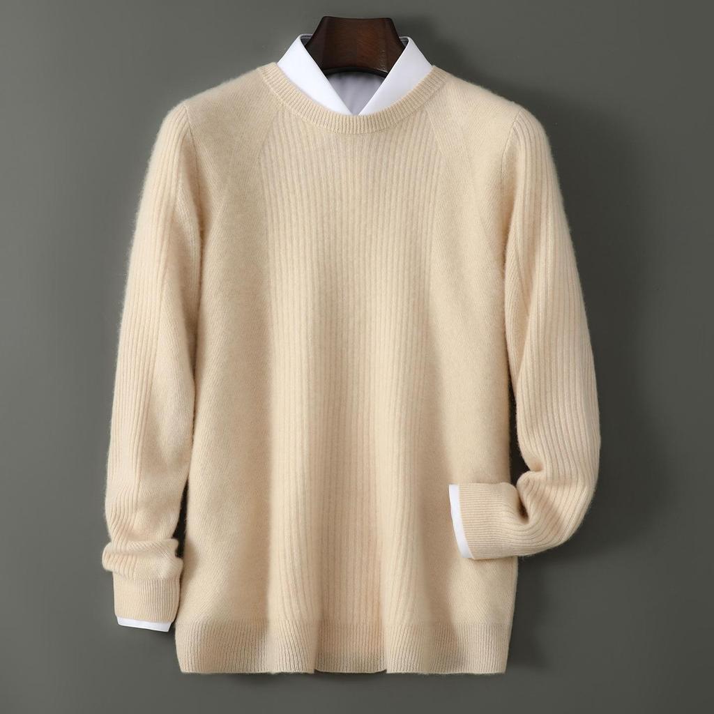 Men's High-Quality 100% Wool Round Neck Sweater, Vertical Ribbed Knit, Soft and Luxurious Thick Base Layer