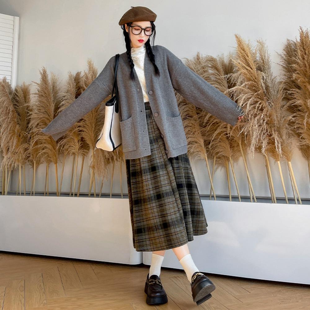 Women s High Waist Plaid Midi Skirt A Line Pleated Skirt Vintage Woolen Flared Mid Length Skirt S
