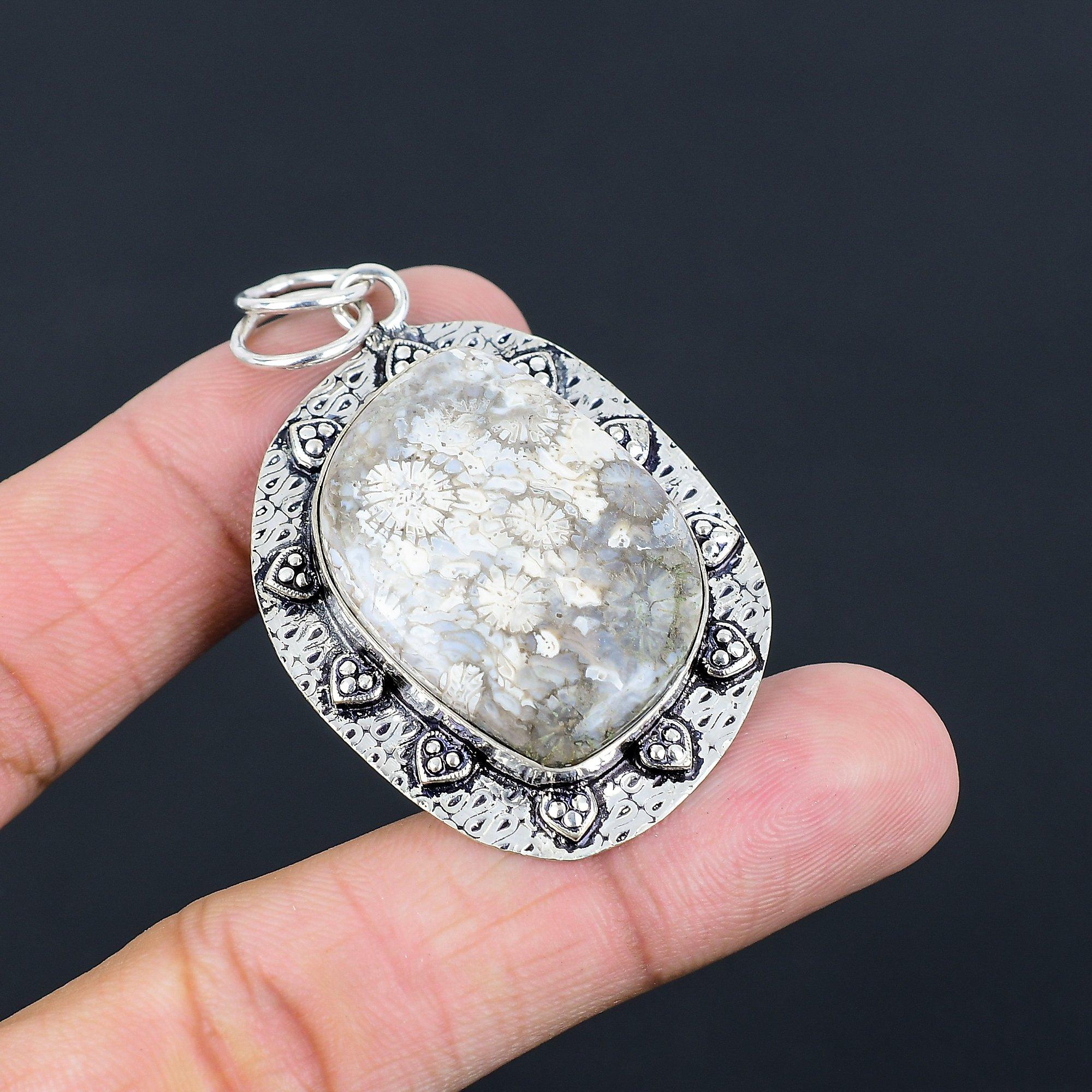 Sisters Day Sale Sterling Silver Marquise Fossil Coral Gemstone Ethnic Pendant