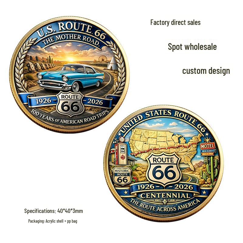 Route 66 100th Anniversary 3D Commemorative Coin & Badge 40x40x3mm золотой