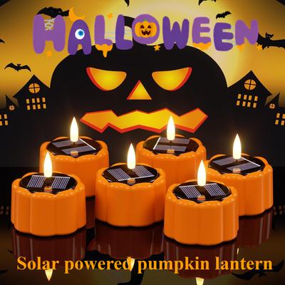 Flameless Pumpkin Candle, Solar Powered Evil Flickering Halloween Desktop Ghost Pumpkin LED Tea Light Candle, Halloween Decoration