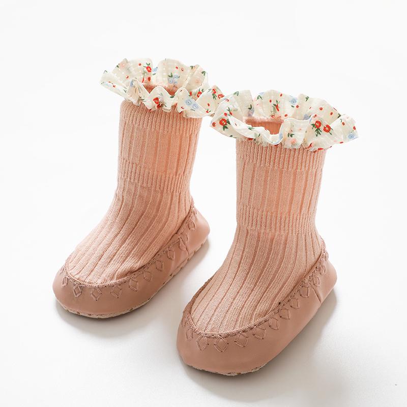 

Baby Girls Spring New PU Sole Floor Socks Non-Skid Infant Toddler Lace Socks Shoes Princess High Quality Cotton Baby Shoes S(Sole 11CM)