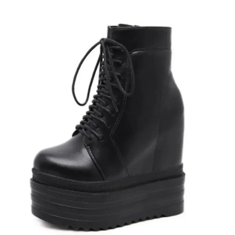 13.5CM Punk Style Wedges Ankle Boots Black Rubber Sole Shoes Platform Boots Women Lacing Autumn Sexy Lady Platform Heels Shoes