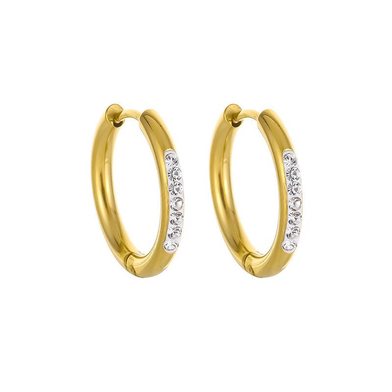European and American 18K Gold Titanium Steel Earrings with Cubic Zirconia - Women's Electroplated Round Coil Ear Studs