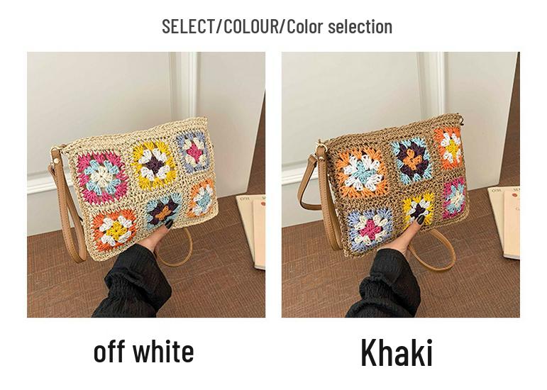 Frühlings-Häkelblumen-Patchwork-Stroh-Quadrattasche - Damen Retro Gewebte Crossbody- und Umhängetasche
