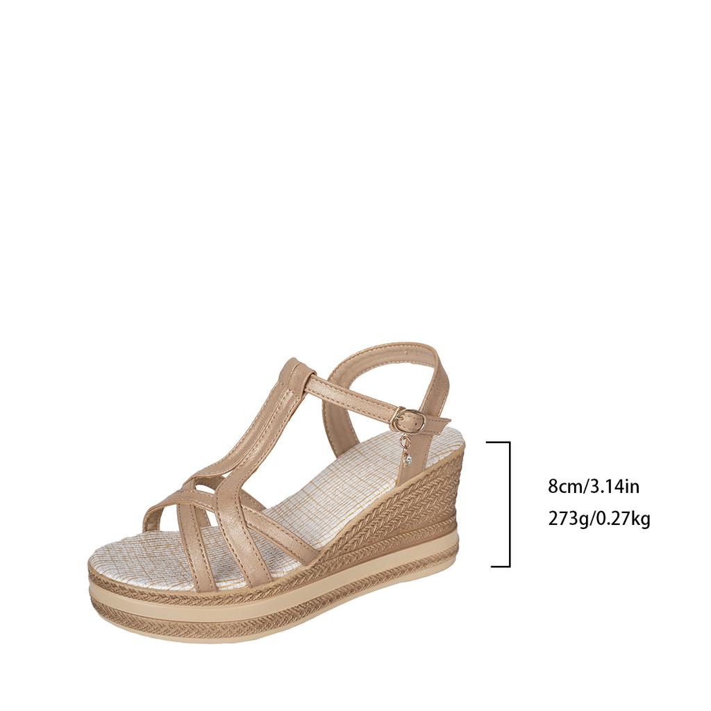 2025 summer new fashionable and comfortable sandals large size high-heeled open-toed sandals one-word buckle wedge sandals