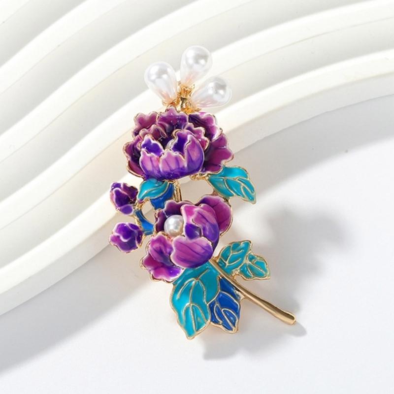Elegant Peony Flower Brooch Pin for Women with Enamel and Pearls Embellishments Jewelry Accessory for Banquet or Party