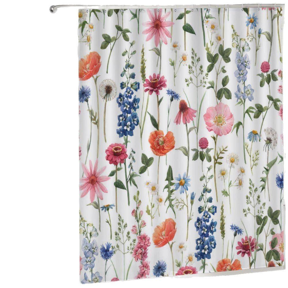 Flower Watercolor Field Flower Shower Curtain With 4 Pieces Absorbent Bathroom Mat Bathroom Curtain With Soft Bath Wheel U-Shaped Mat