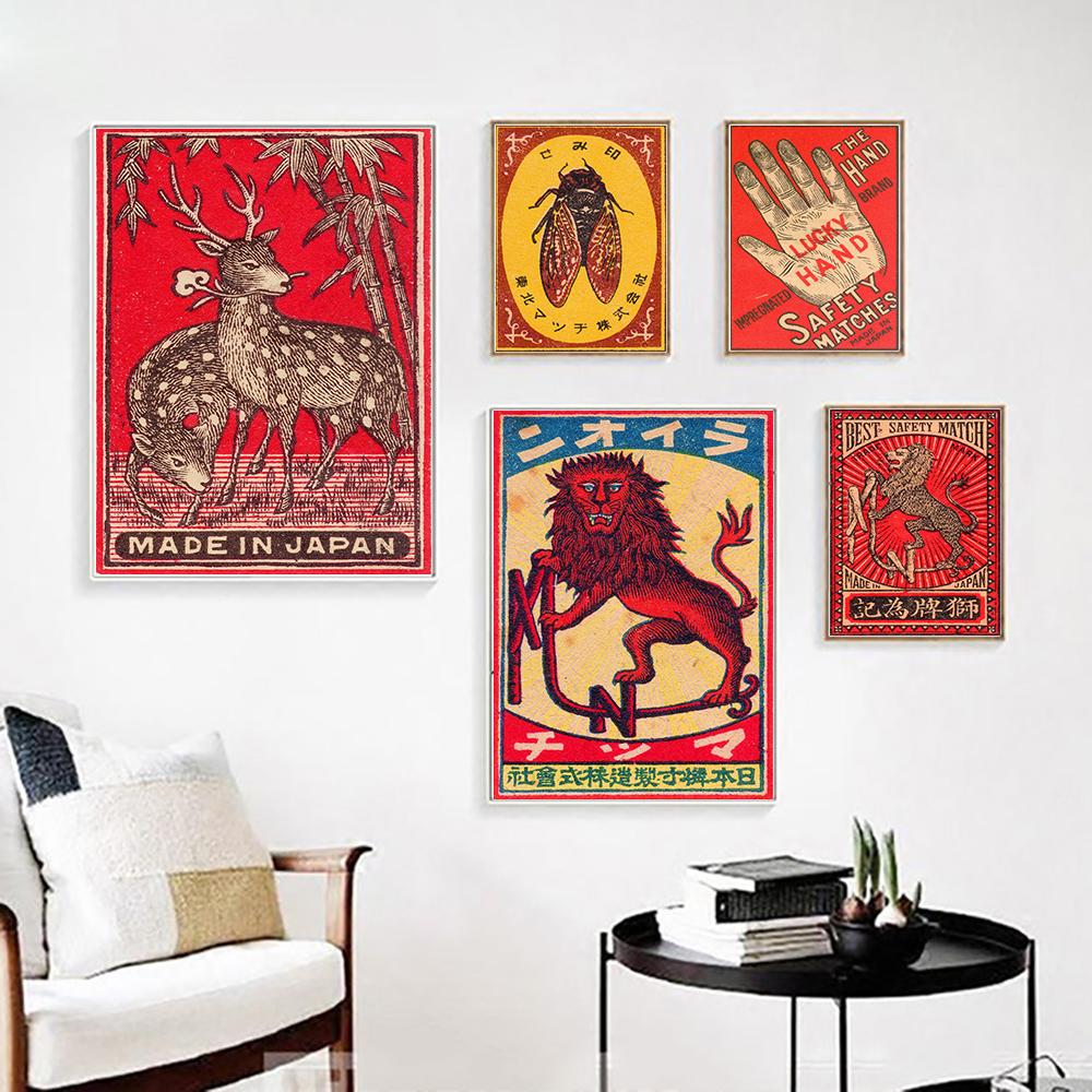 The Lucky Hand Animal Matchbox Print Wall Art Vintage Japan Canvas Poster Deer Cats Lion Cicada Painting Picture Home Room Decor
