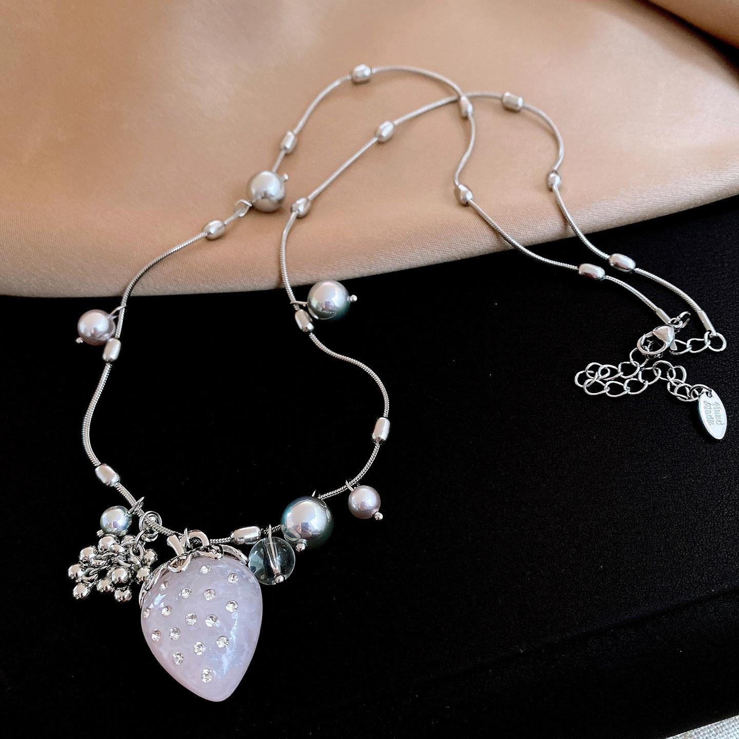 Сладкий розовый кулон-клубника жемчужное ожерелье нишевый дизайн цепочка для свитера ожерелье женское