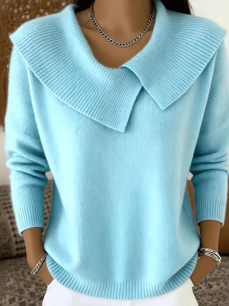 Women's Asymmetrical Drop Shoulder Knit Sweater - Large Lapel, Solid Color, Spring & Autumn