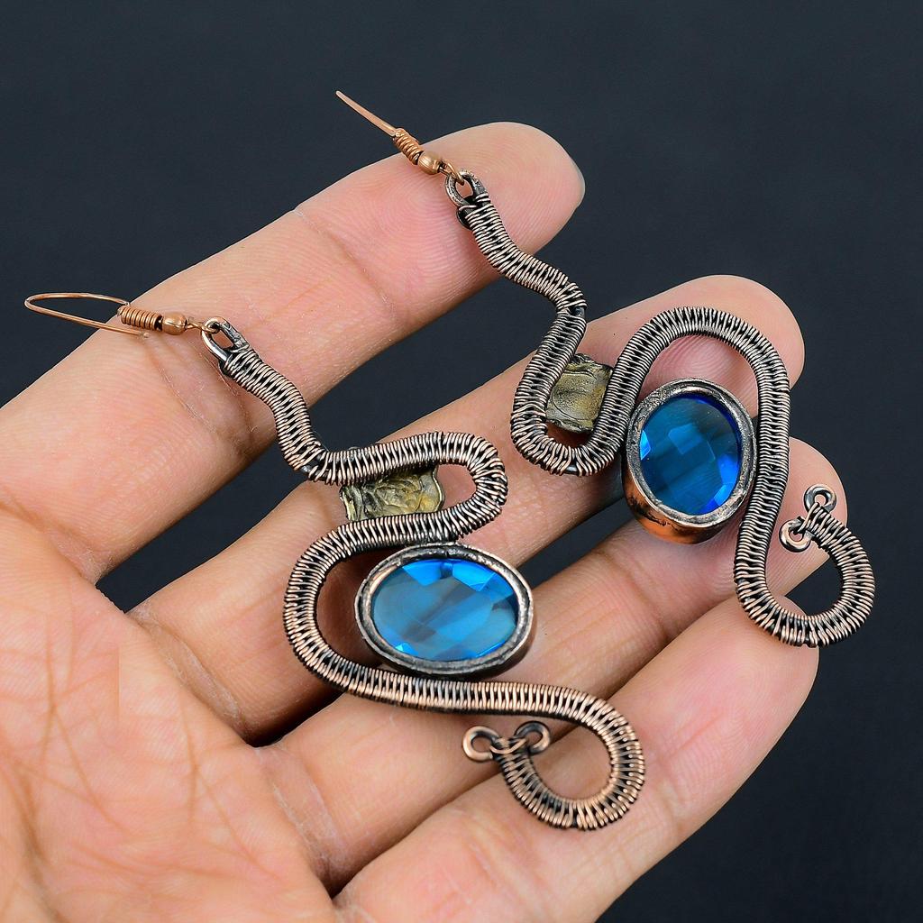 Faceted Blue Topaz Earrings, 999 Copper Wire Wrapped Earrings Handmade Gemstone Jewelry, Gifts For Wife Brand New Earrings