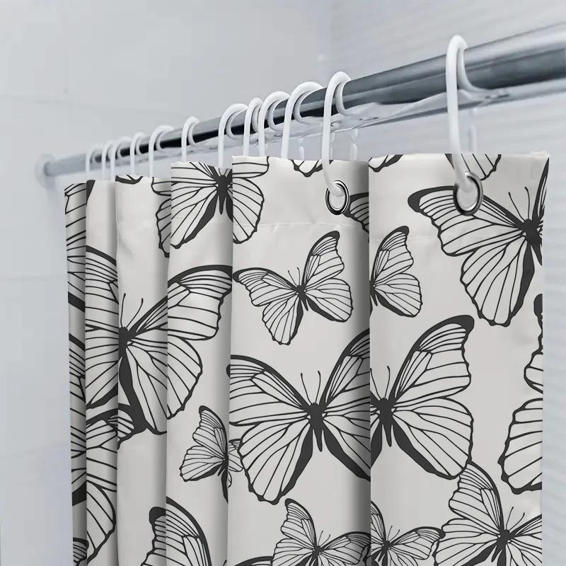 Black White Butterfly Printed Waterproof Shower Curtain Set For Bathroom Decor Home Textiles