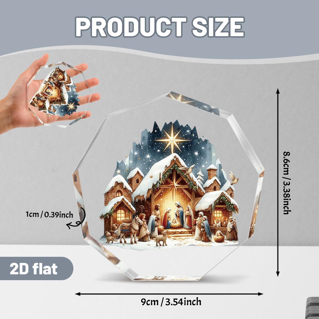 Nine-Sided Acrylic Nativity Scene Ornament - Jesus' Birth with Mary, , Jesus & Angel, Stable Manger Figurine Replica, 2D Flat Rotating-Like Effect