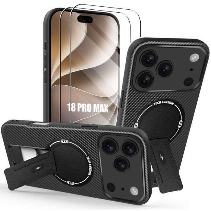 Coque pour iPhone 18 Pro Max, Silicone avec Cercle Magnétique et Support - Noir - 2 Verres Trempés