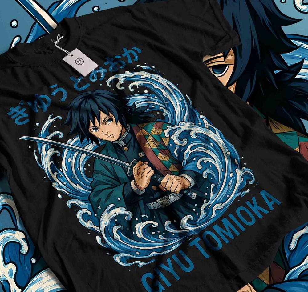 

Giyu Tomioka T-Shirt Demon Slayer Kimetsu No Yaiba Anime Black Shirt Size 527 L