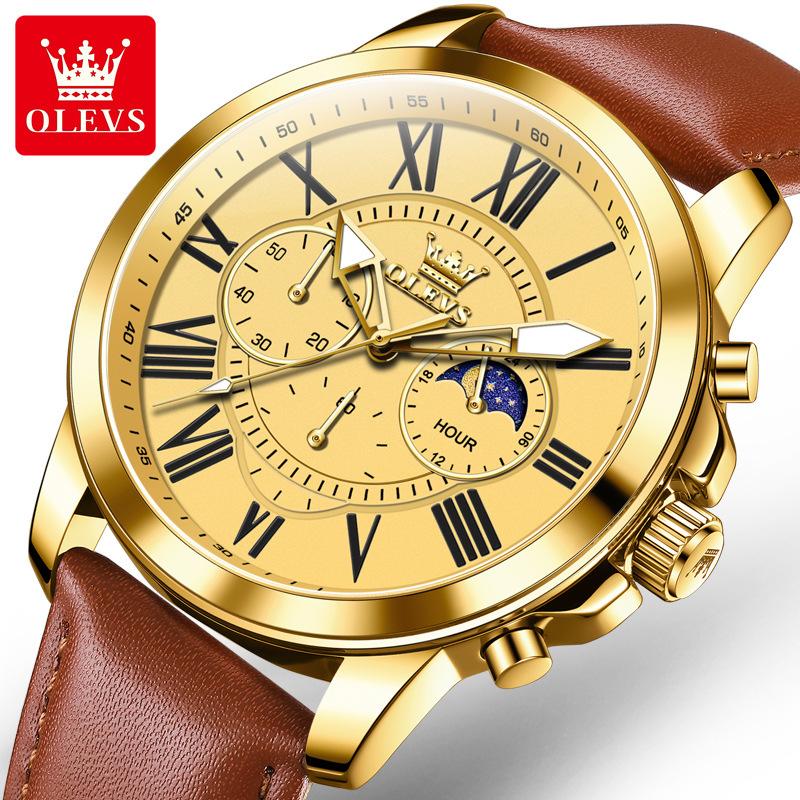 OLEVS Big Dial Roman Scale Quartz Watch For Men Waterproof Luminous Men's Hand Clock Moon Phase Original Fashion Man Watch
