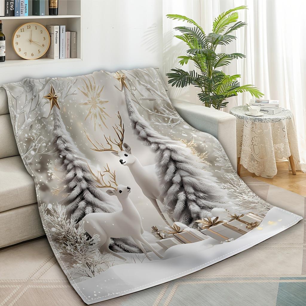 White Gold Christmas Deer Throw Blanket, Elegant Festive Home Decor