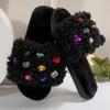 Fashion Fashion Rhinestone Cotton Slippers Women Light Flat Heel Slippers Woman Autumn Winter Indoor Anti Slip Plush Slides Female