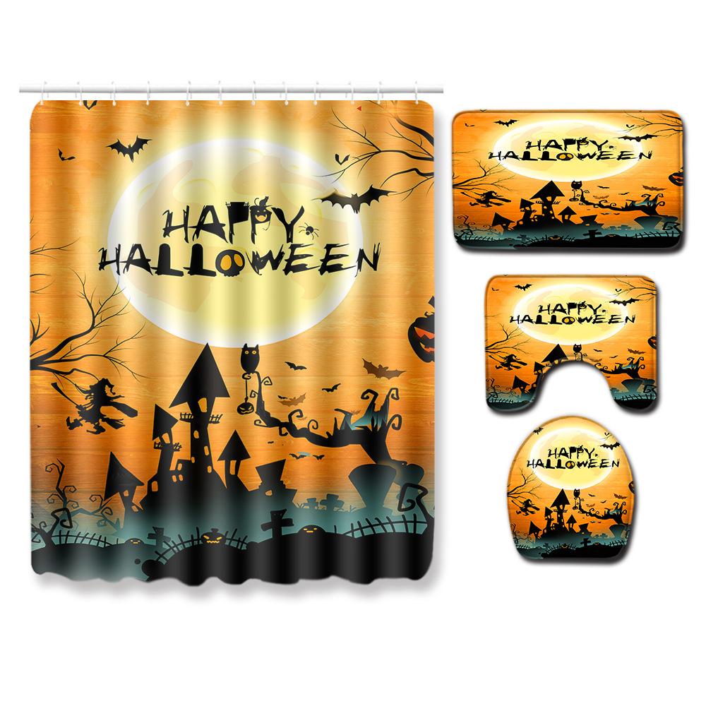 Halloween Shower Curtain Floor Mat Combination Four-Piece Set Bathroom Toilet Carpet Shower Room Foot Mat