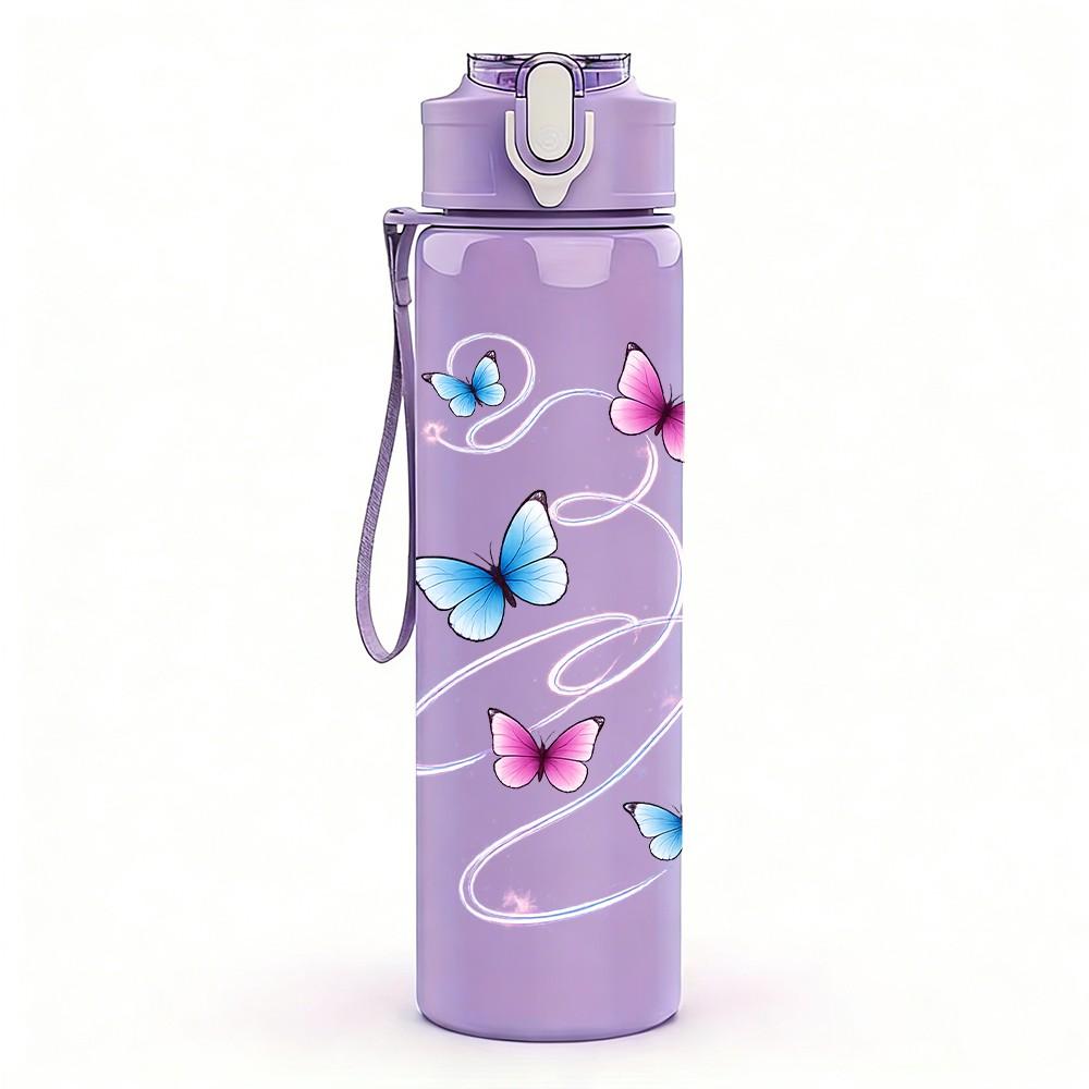1PC Multiple Butterflies Floating Air Print 750ml Color Plastic Sports Water Bottle Leakproof Flip Straw Lid Suitable for Sports Office Home Use