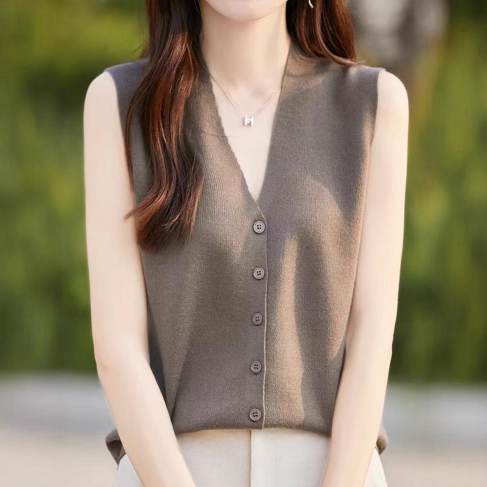 2025 Summer Women's Ice Silk Sleeveless Cardigan Vest with Buttons
