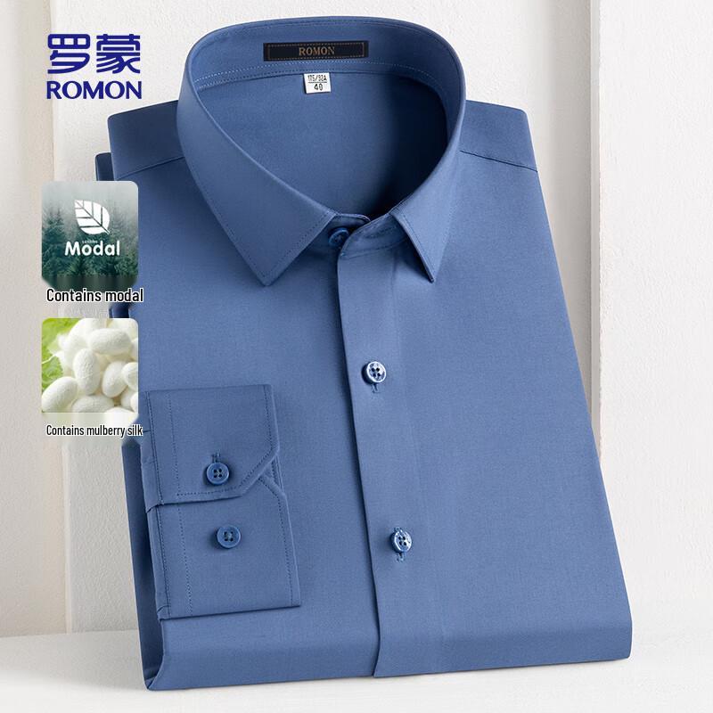 ROMON Men s Long Sleeve Solid Business Casual Shirt 40