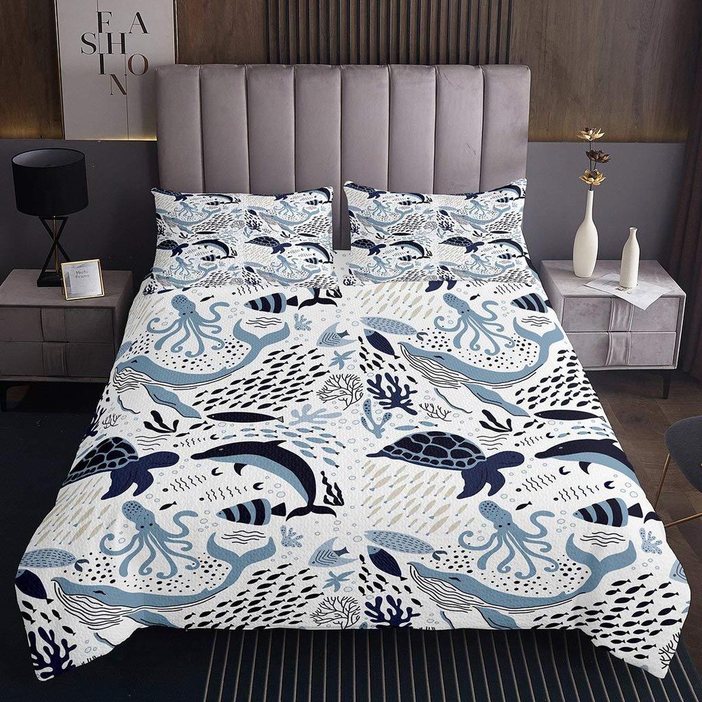 Ozeanblaues Wal Bettwäscheset U-Boot Tierdruck Bett Dreiteiliges Quiltset
