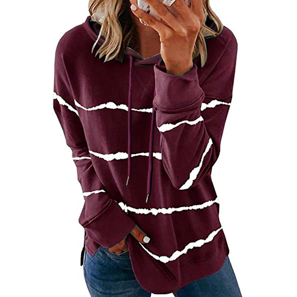 Women's Fashion Casual Stripe Print Hooded Long Sleeve Loose T Shirt Tops