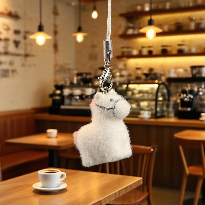 Flocking Animal Little White Horse Pendant Keychain Phone Chain Lanyard Earphone Car Keychain Decor