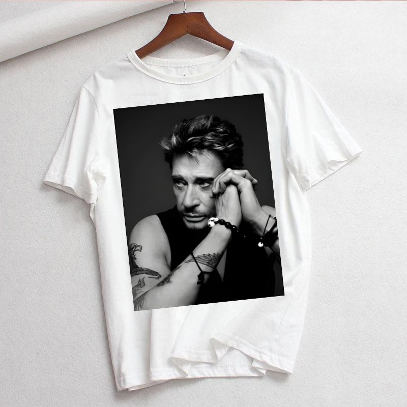 Johnny Hallyday Print T Shirt Women White and Black Shirts Fashion Round Neck Short Sleeve Cotton TShirt