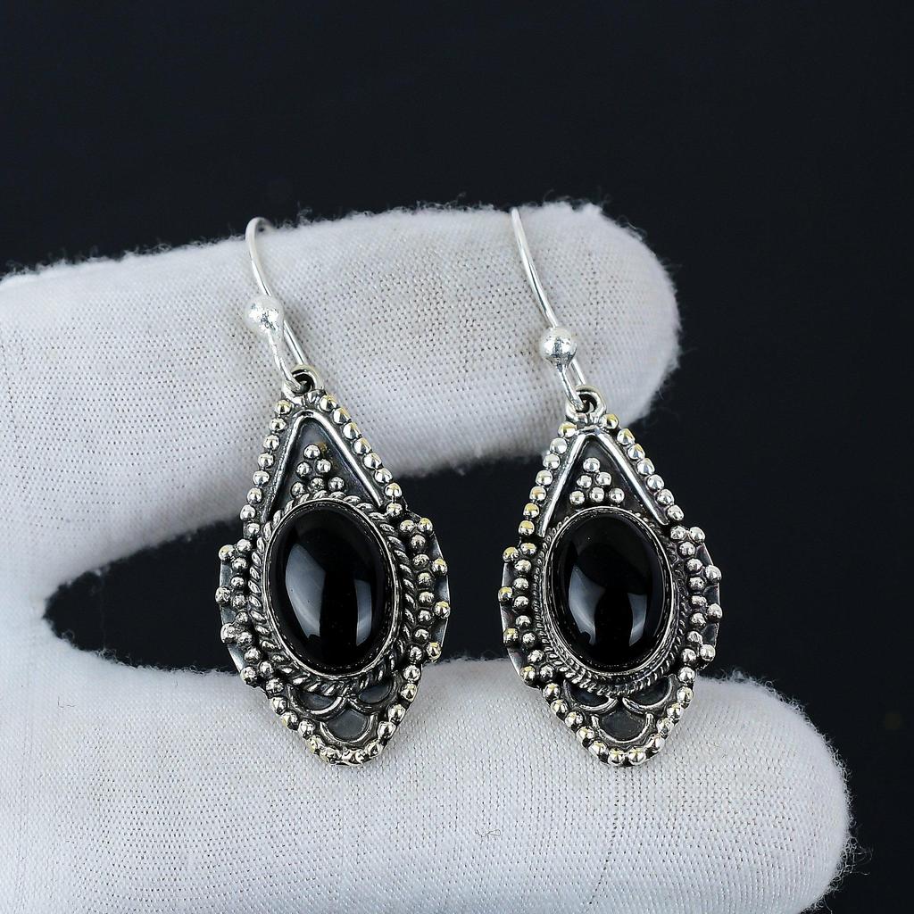 Natural Black Onyx Gemstone Earrings, 925 Sterling Silver Earring, Handmade Boho Silver Jewelry Dangle Earrings, Wadding Gifts