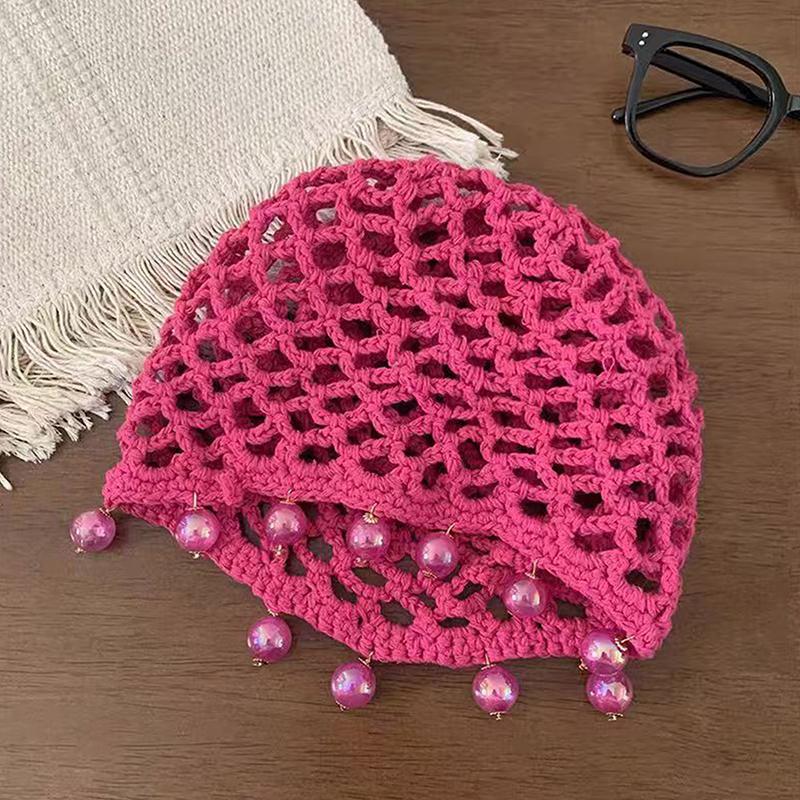 

Solid Color Versatile Handmade Hollow Crocheted Knitted Hat For Women Girls Personalized Beaded Design Mountaineering Scarf рожевий червоний колір
