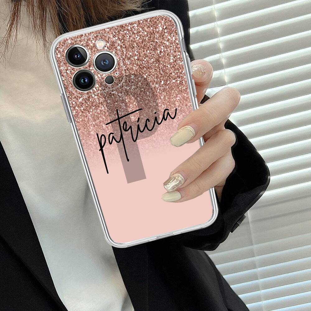 

Letter Pink Shiny M R Clear For IPhone 11 12 13 14 15 16 17 Pro Max Plus 13 Mini Silicone Soft Transparent Back iPhone 15 pro