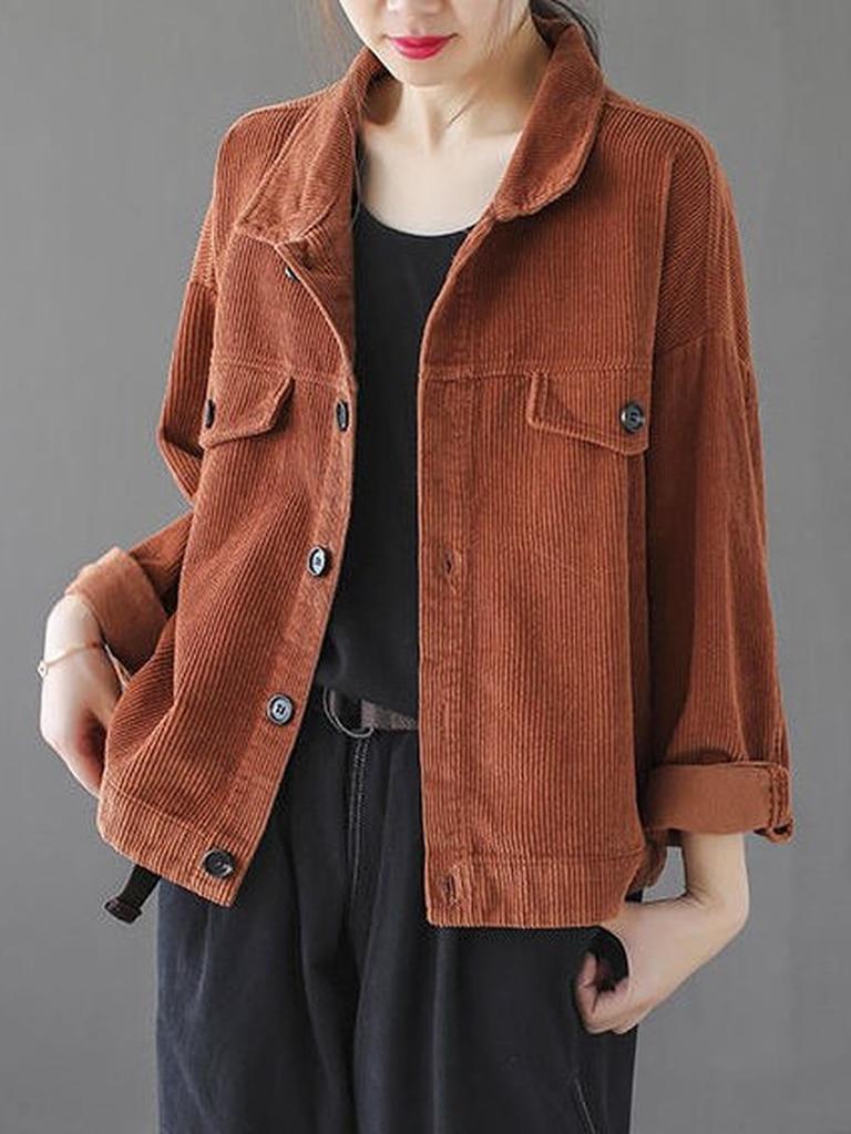 Samt Kord Kürzere Jacke Damen Frühling Herbst Einfarbige Stehkragen Locker Kleine Größe Lässiges Oberteil Retro