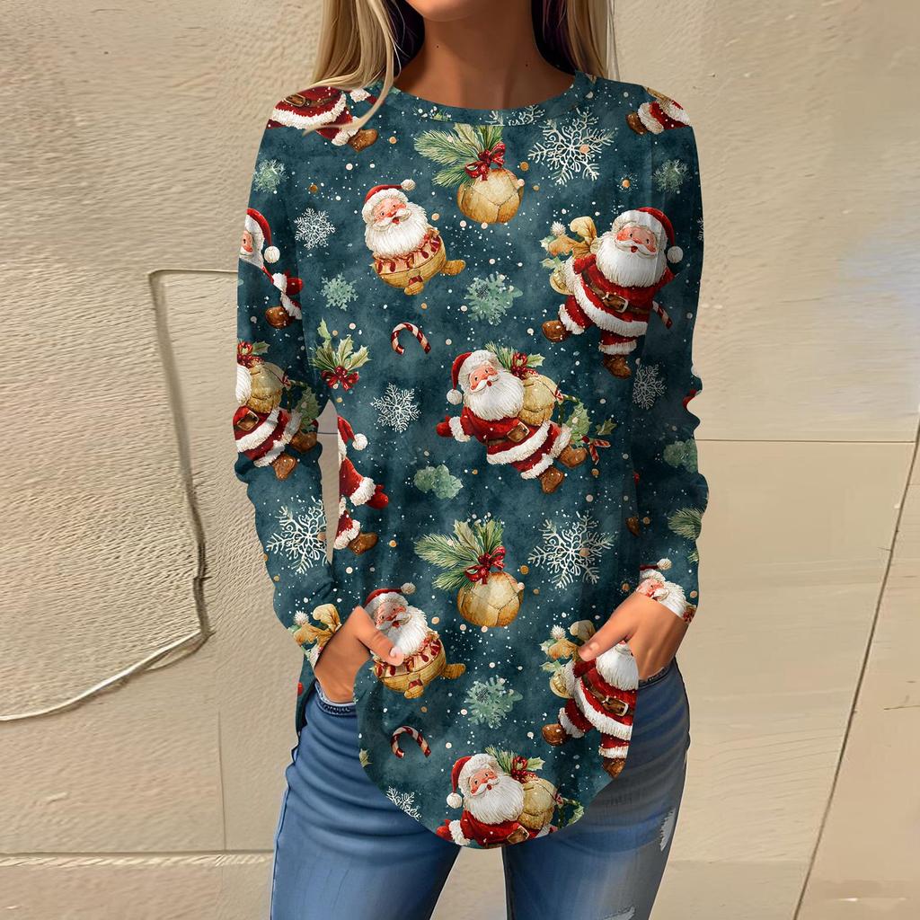 Tee Shirts For Women Casual Round Neck Long Sleeve Shirts Christmas Printing Top Pullover