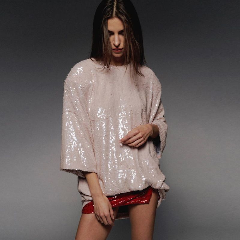 

Paris Fashion Week Blogger Same Design Lotus Pink Padded Shoulder Lotus root starch Sequin middle sleeve Dress L