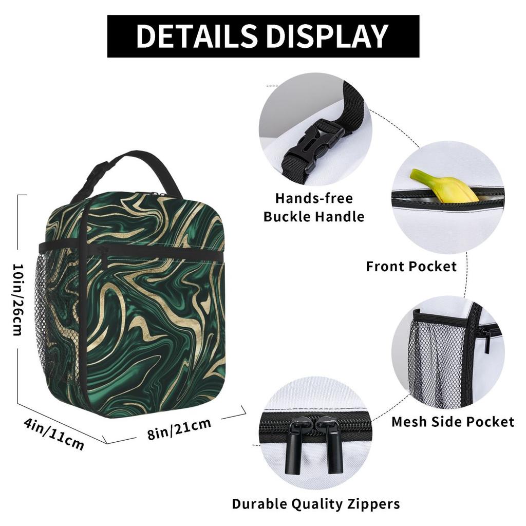 Dark Green Marble Pattern Insulated Lunch Bag for Women Office Cooler Thermal Food Box Tote Portable Lunch Boxes Container