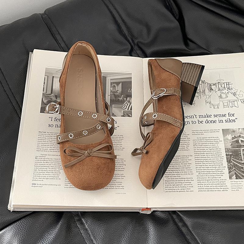 

Design sense retro suede bow light mouth bag head single shoes summer fashion thick heel high heel Mary Jane shoes trend 40 коричневый