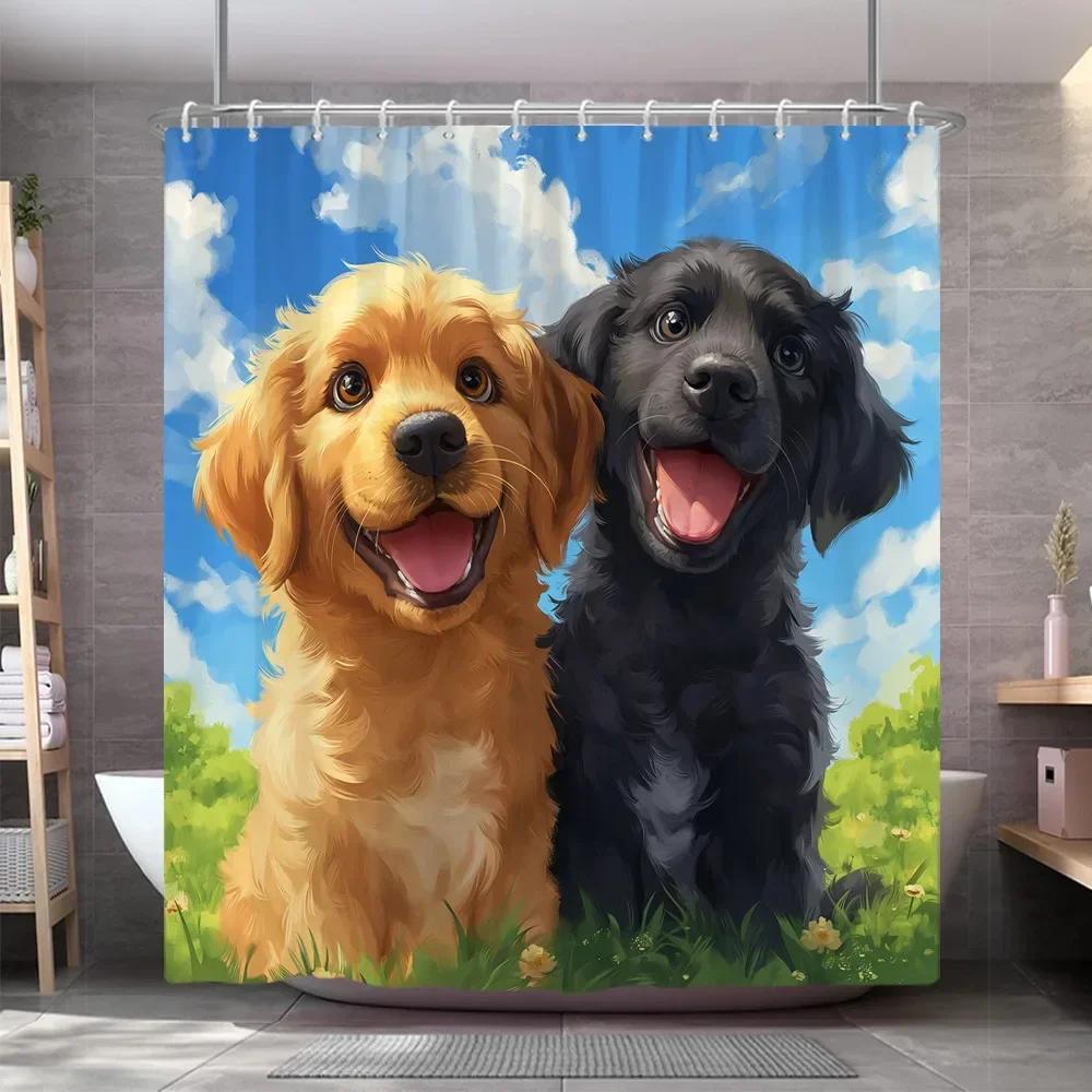 Funny Dog Shower Curtain Popular Cute Pet Oil Painting Art Creation Polyester Fabric Shower Curtains Bathroom Decor With Hooks