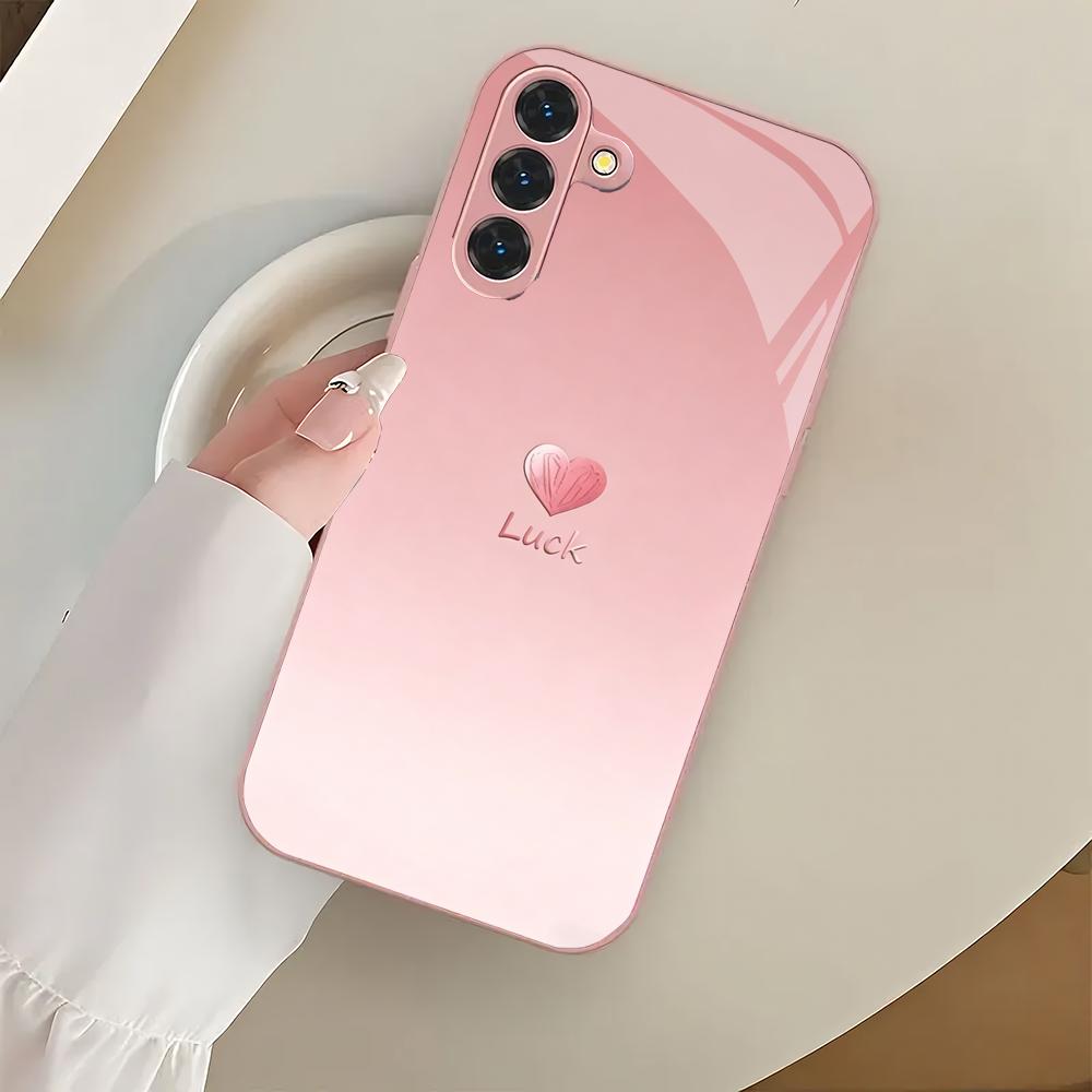 Rosa herzförmige metallische Lackglas-Handyhülle geeignet für Samsung Galaxy S26 S25 S24 S22 S21 S20 FE/Ultra/Plus stoßfest